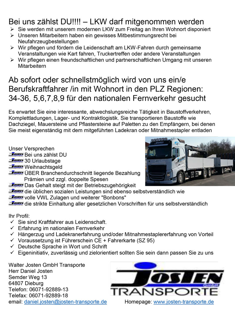 Berufskraftfahrer/in für Baustoffe PLZ Regionen: 34-36, 5,6,7,8,9